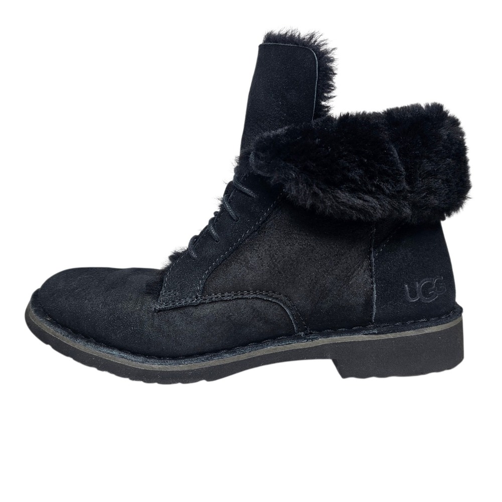 UGG Quincy Womens 7.5 Black Suede Shearling Lace Up Ankle Boots 1012359 - Picture 4 of 10